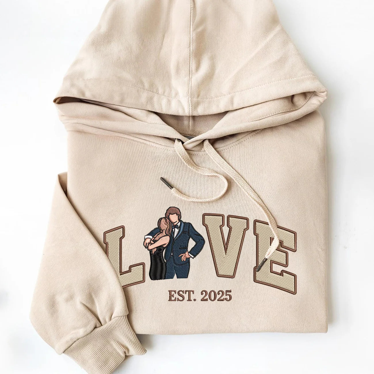 Geborduurde Hoodie Op Maat Met Portret Van Een Koppel en Jubileumdatum