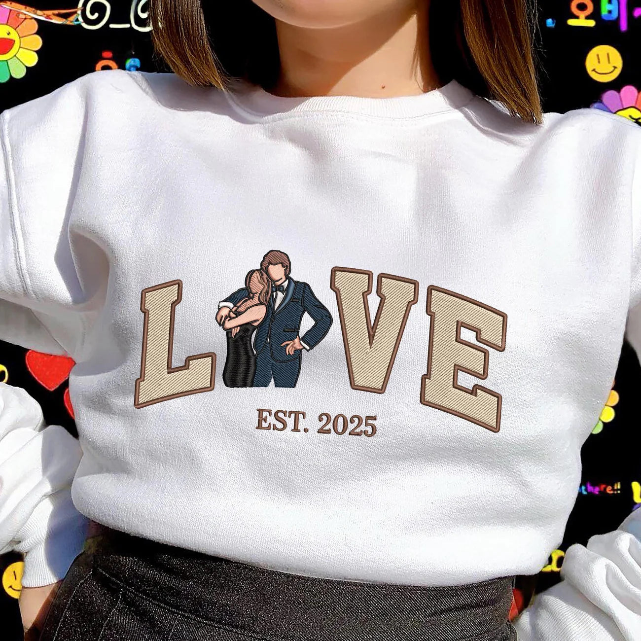 Geborduurde Hoodie Op Maat Met Portret Van Een Koppel en Jubileumdatum
