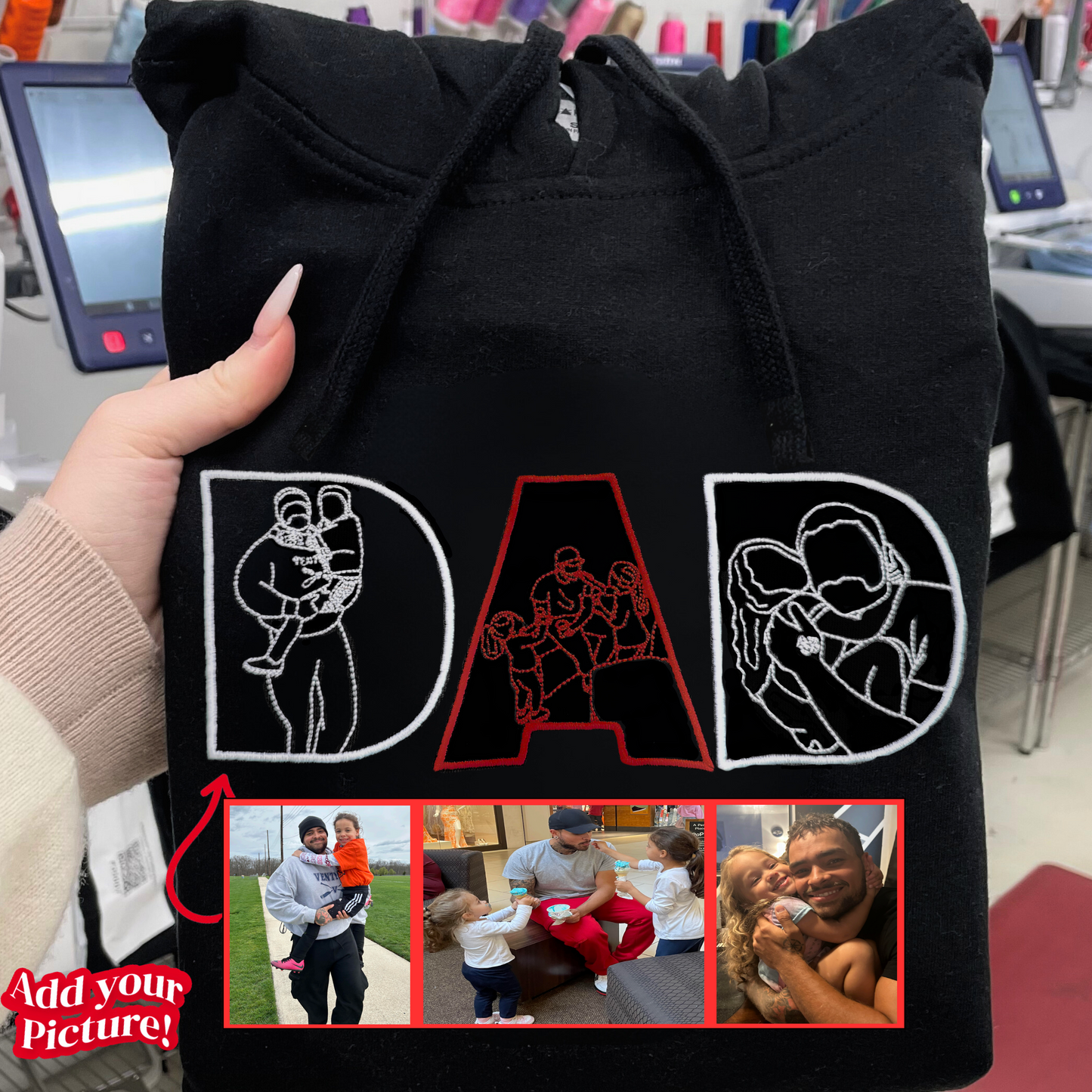 Gepersonaliseerde vadersweater met foto, geborduurd portret van foto op hoodie