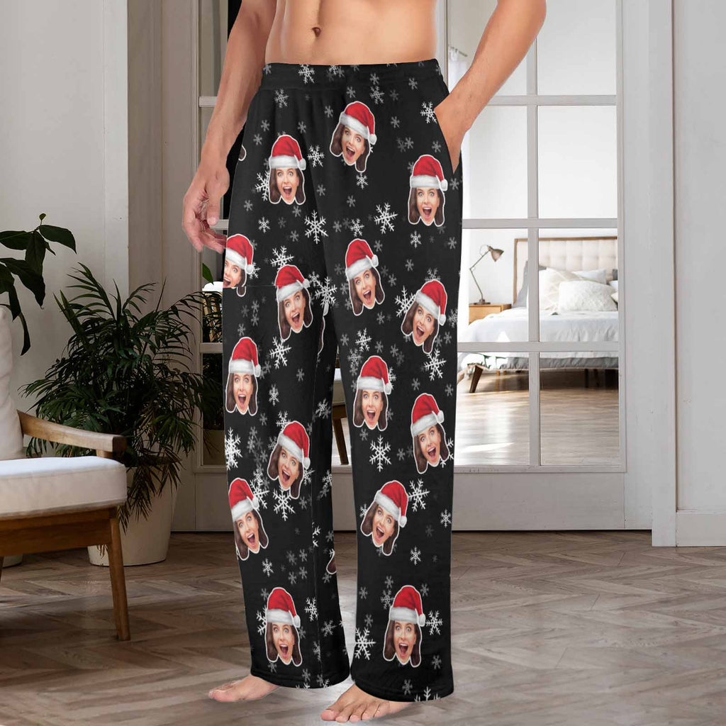 Custom Face Christmas Snowflake Pyjamabroek Comfortabele nachtkleding Lange pyjamabroek voor heren Dames