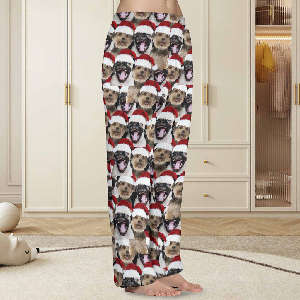 Pyjamabroek - Custom Face Pet Christmas Red Hat Comfortabele nachtkleding Lange pyjamabroek voor heren Dames