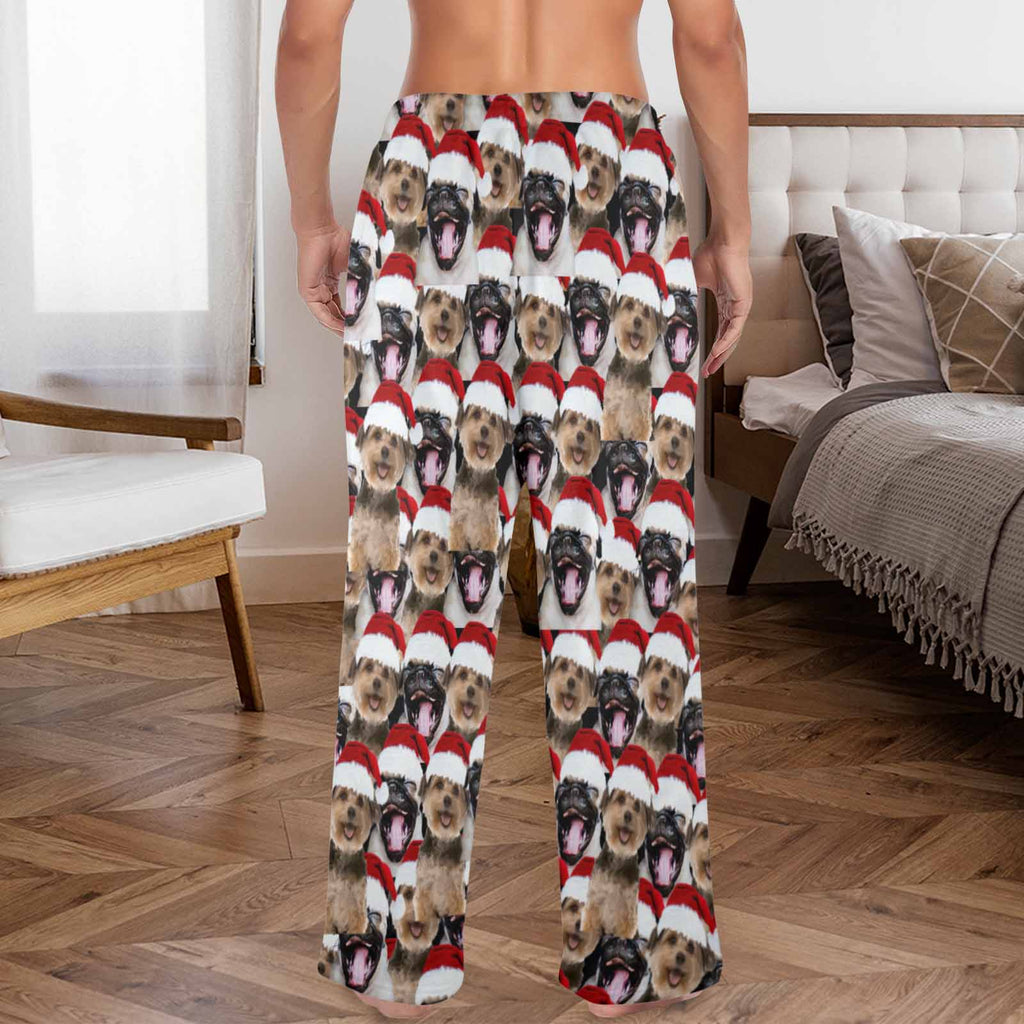 Pyjamabroek - Custom Face Pet Christmas Red Hat Comfortabele nachtkleding Lange pyjamabroek voor heren Dames