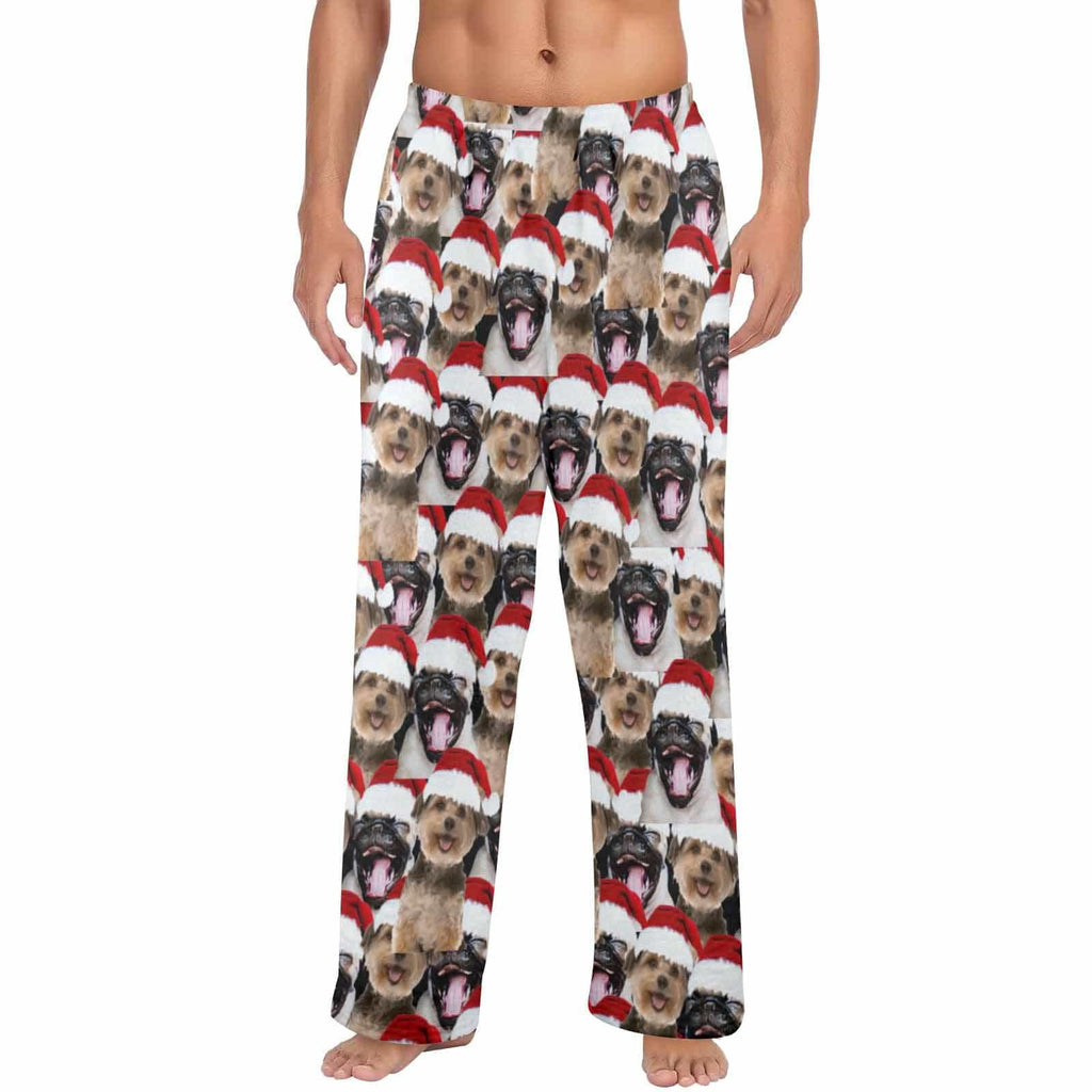 Pyjamabroek - Custom Face Pet Christmas Red Hat Comfortabele nachtkleding Lange pyjamabroek voor heren Dames