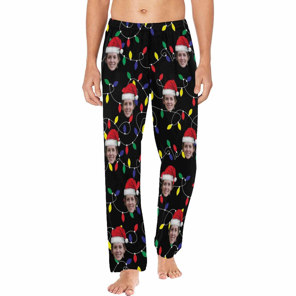 Aangepaste gezicht gekleurde gloeilampen Kerstmis Red Hat nachtkleding gepersonaliseerde dames- en herenpyjamafeest lange pyjamabroek