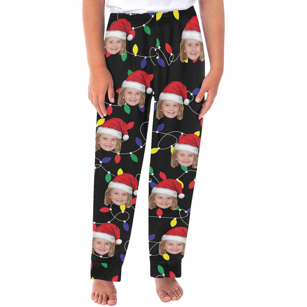 Aangepaste gezicht gekleurde gloeilampen Kerstmis Red Hat nachtkleding gepersonaliseerde dames- en herenpyjamafeest lange pyjamabroek