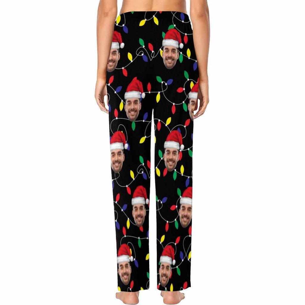 Aangepaste gezicht gekleurde gloeilampen Kerstmis Red Hat nachtkleding gepersonaliseerde dames- en herenpyjamafeest lange pyjamabroek