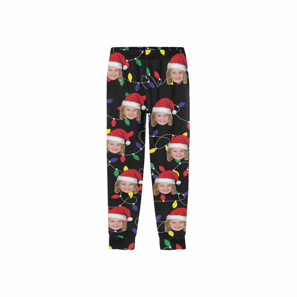 Aangepaste gezicht gekleurde gloeilampen Kerstmis Red Hat nachtkleding gepersonaliseerde dames- en herenpyjamafeest lange pyjamabroek