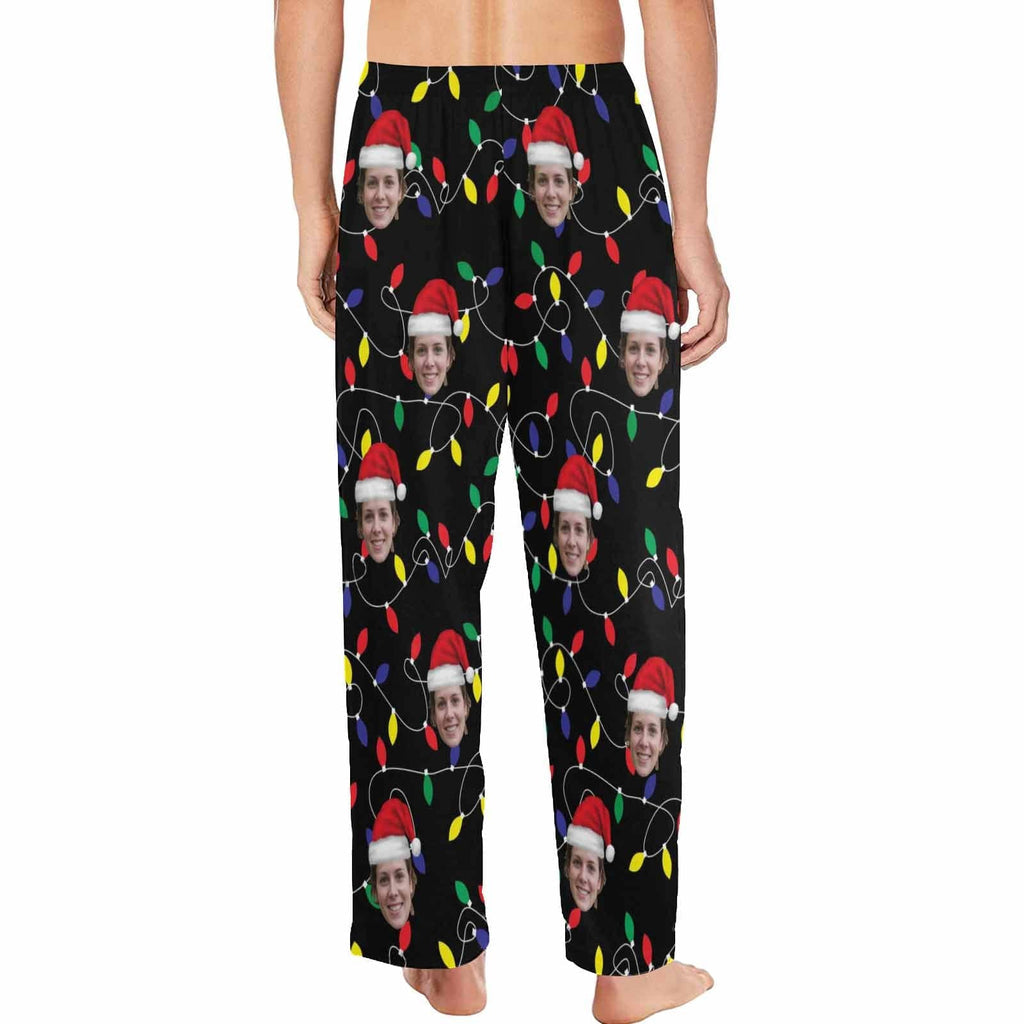 Aangepaste gezicht gekleurde gloeilampen Kerstmis Red Hat nachtkleding gepersonaliseerde dames- en herenpyjamafeest lange pyjamabroek