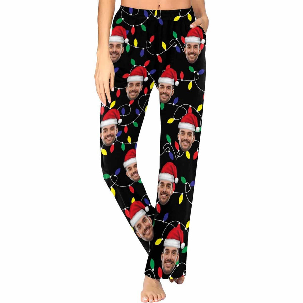 Aangepaste gezicht gekleurde gloeilampen Kerstmis Red Hat nachtkleding gepersonaliseerde dames- en herenpyjamafeest lange pyjamabroek