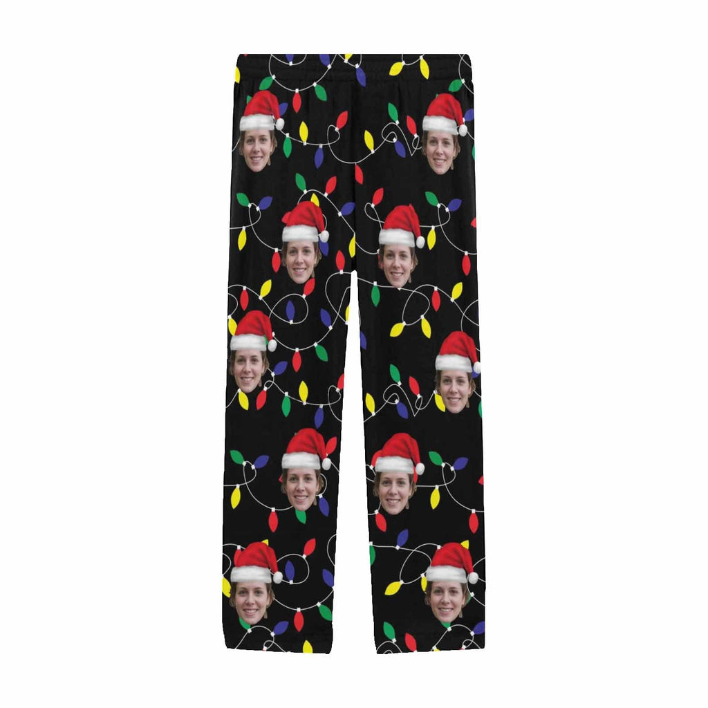Aangepaste gezicht gekleurde gloeilampen Kerstmis Red Hat nachtkleding gepersonaliseerde dames- en herenpyjamafeest lange pyjamabroek