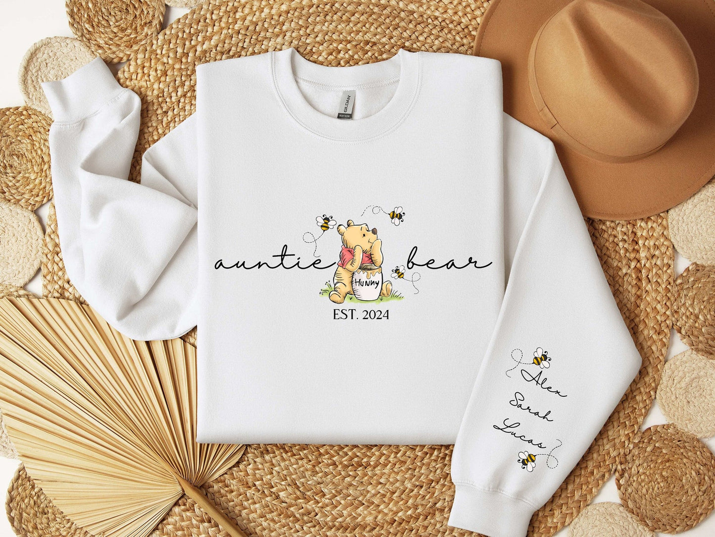 Aangepaste Tante Beer Sweatshirt met kindernaam op de mouw, gepersonaliseerde Tante Sweatshirt, Tante met namen van nichtjes en neefjes, cadeau voor tantes