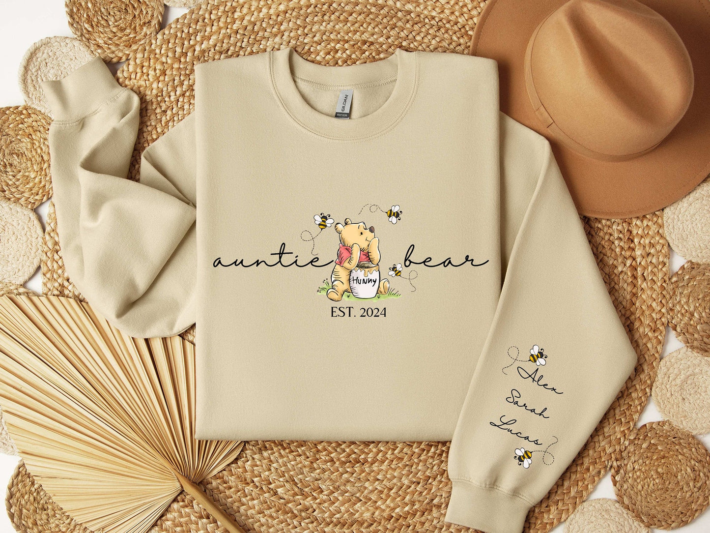 Aangepaste Tante Beer Sweatshirt met kindernaam op de mouw, gepersonaliseerde Tante Sweatshirt, Tante met namen van nichtjes en neefjes, cadeau voor tantes