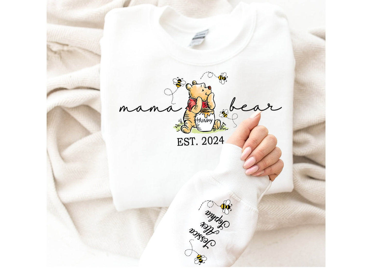 Aangepaste Mama Bear Sweatshirt, Mama Est met kindernaam op mouw Sweatshirt, gepersonaliseerde mama sweatshirt, Nana, oma, Gigi, Moederdag shirt