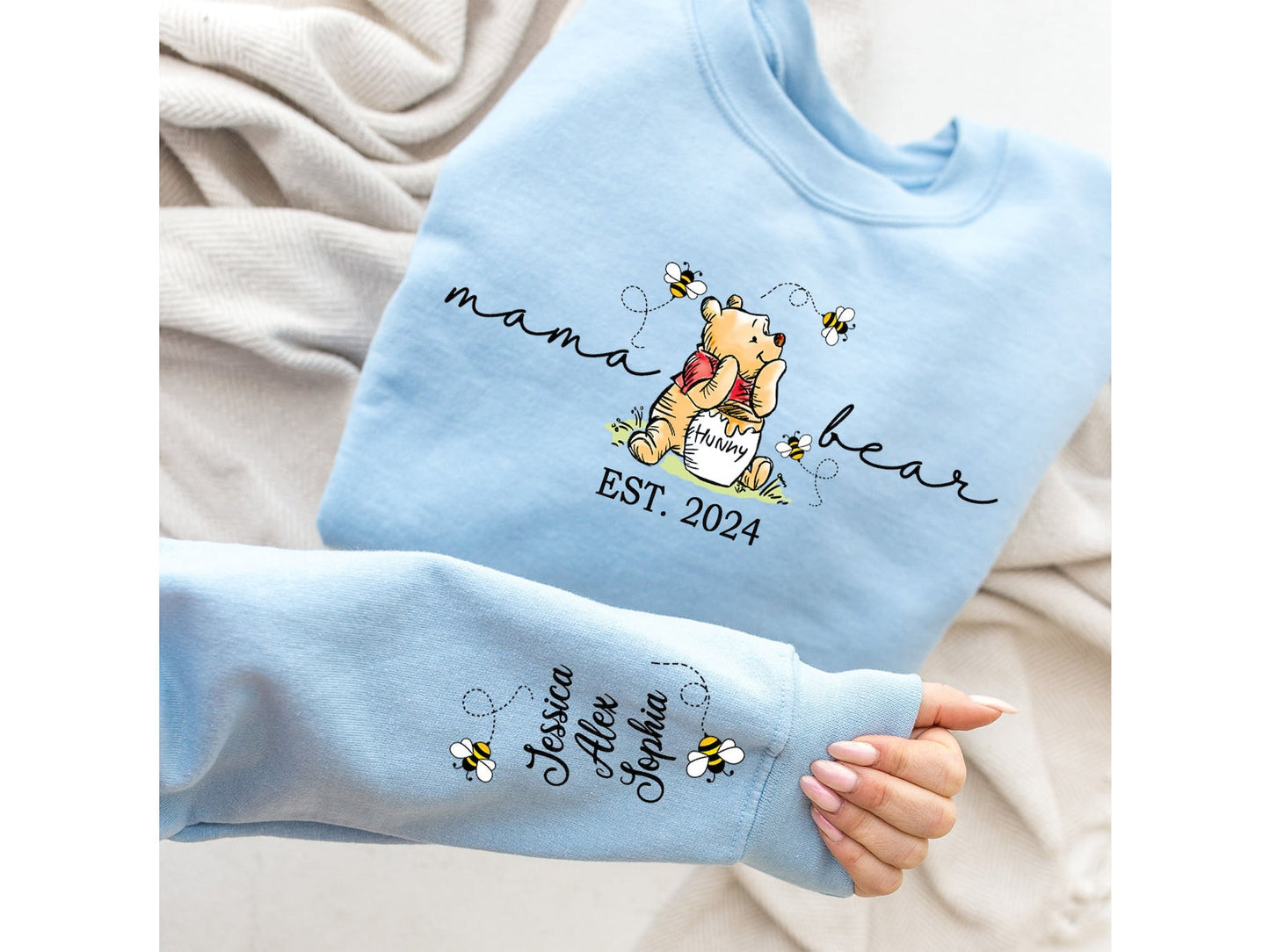 Aangepaste Mama Bear Sweatshirt, Mama Est met kindernaam op mouw Sweatshirt, gepersonaliseerde mama sweatshirt, Nana, oma, Gigi, Moederdag shirt