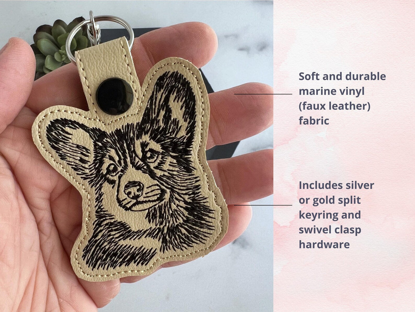 Aangepaste Geborduurde Corgi-Portret Sleutelhanger - Schetsstijl Sleutelhanger Of Tasbedel, Meerdere Kleuropties, Perfect Cadeau Voor Hondenliefhebbers