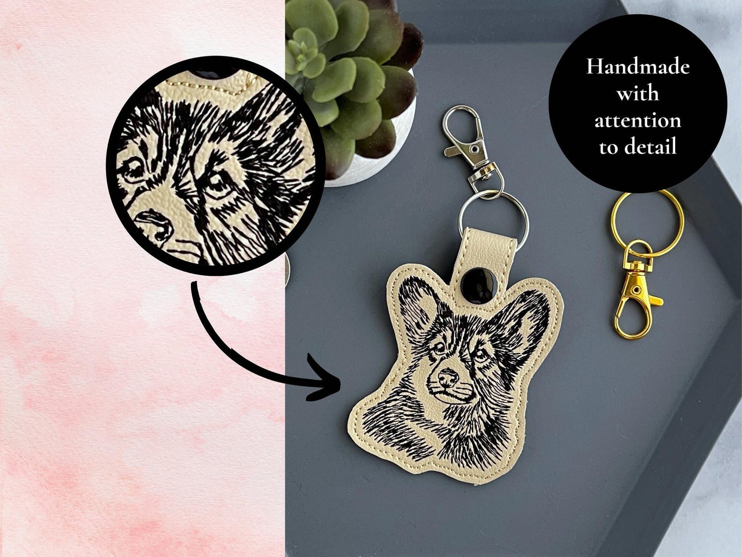 Aangepaste Geborduurde Corgi-Portret Sleutelhanger - Schetsstijl Sleutelhanger Of Tasbedel, Meerdere Kleuropties, Perfect Cadeau Voor Hondenliefhebbers