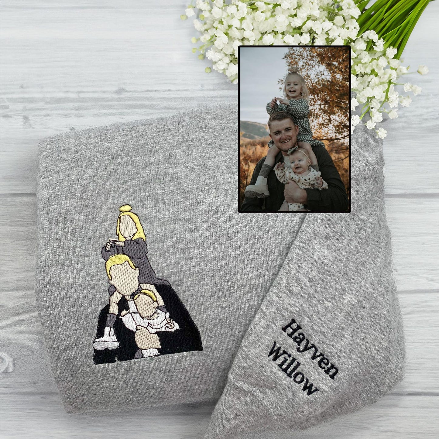 Perfect cadeau voor Vaderdag, geborduurde vaderhoodie met foto, gepersonaliseerde vadersweater met portret van foto, vader en zoon shirt