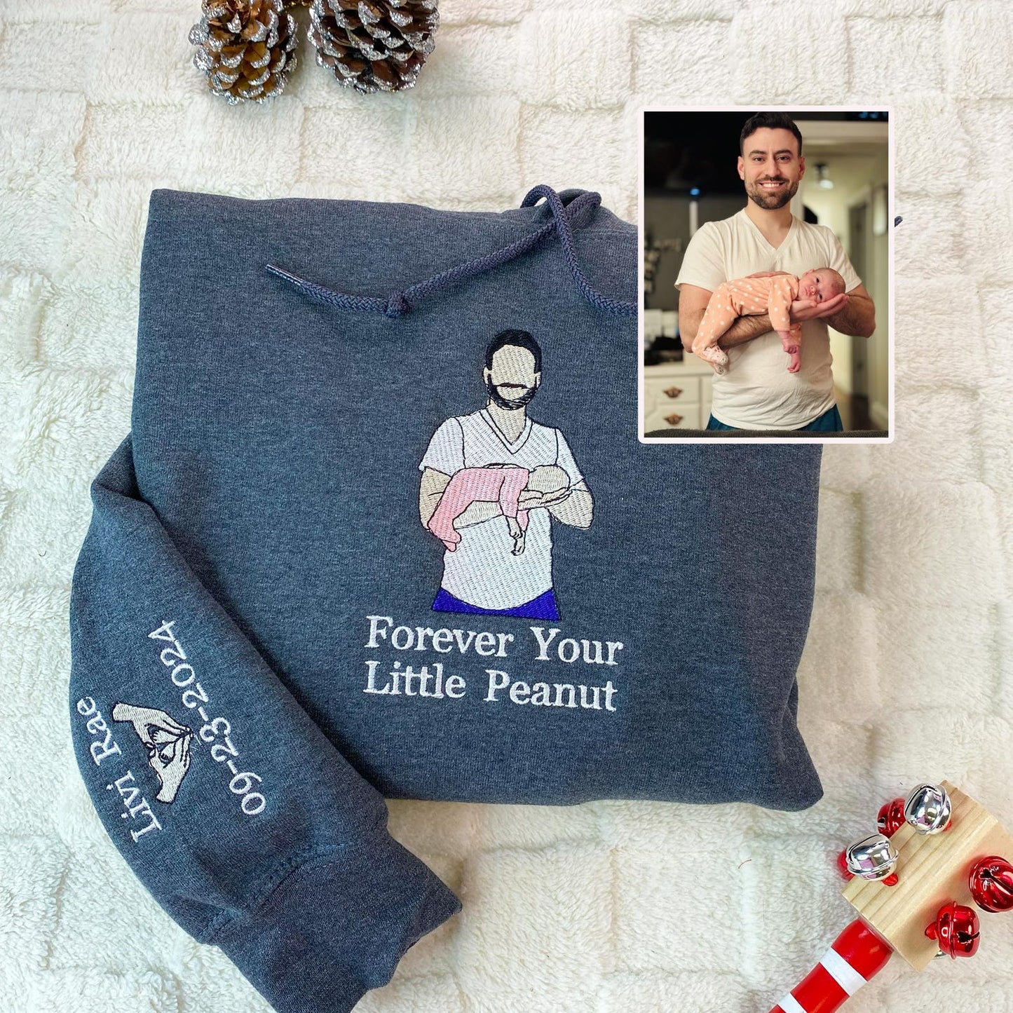 Perfect cadeau voor Vaderdag, geborduurde vaderhoodie met foto, gepersonaliseerde vadersweater met portret van foto, vader en zoon shirt