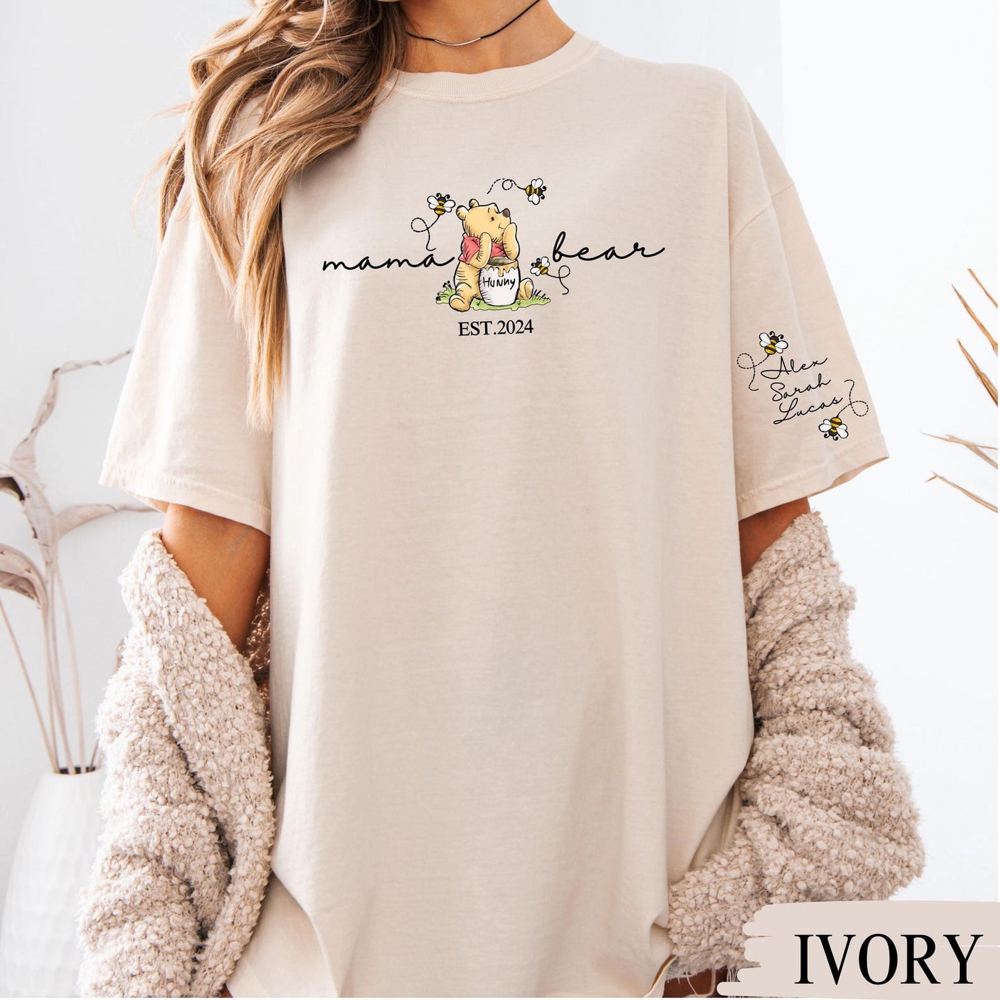 Aangepast Mama Bear-shirt, Mama met kindernaam op mouwshirt, gepersonaliseerd Moederdag-shirt, aangepast Moederdag-shirt