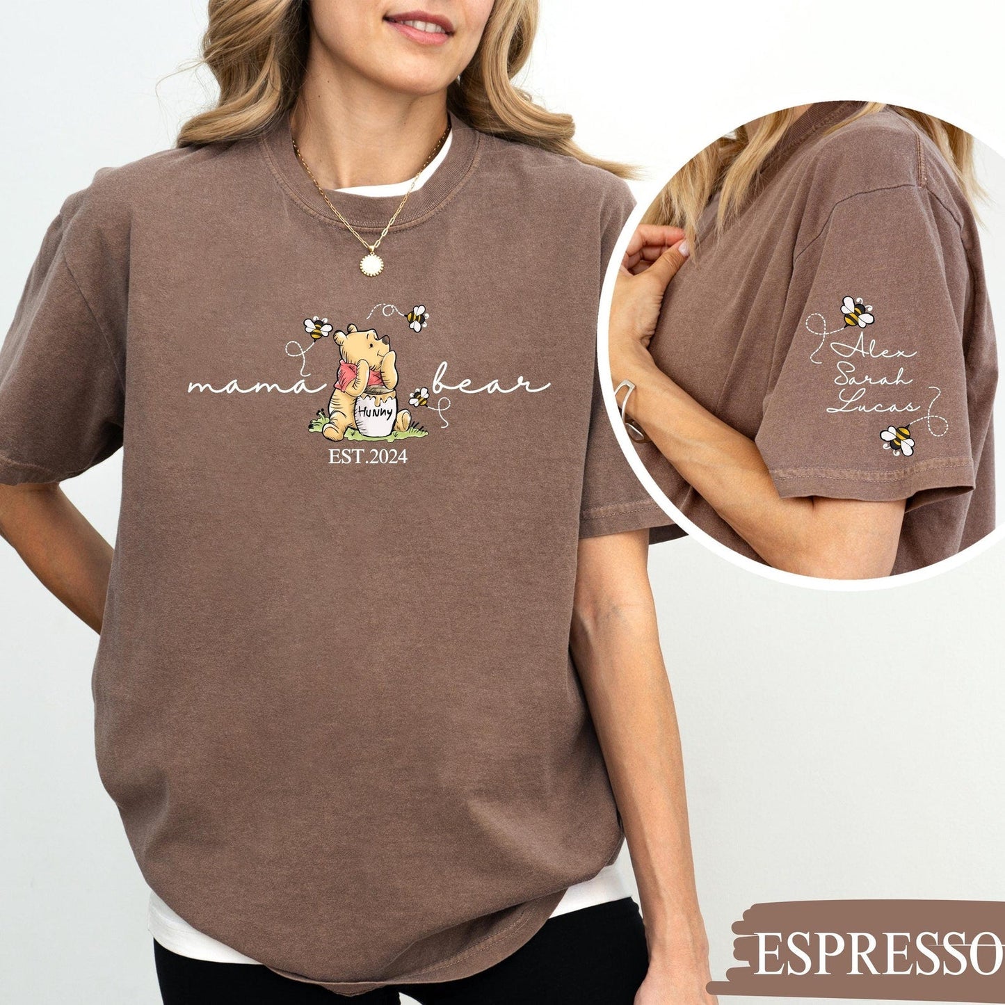 Aangepast Mama Bear-shirt, Mama met kindernaam op mouwshirt, gepersonaliseerd Moederdag-shirt, aangepast Moederdag-shirt