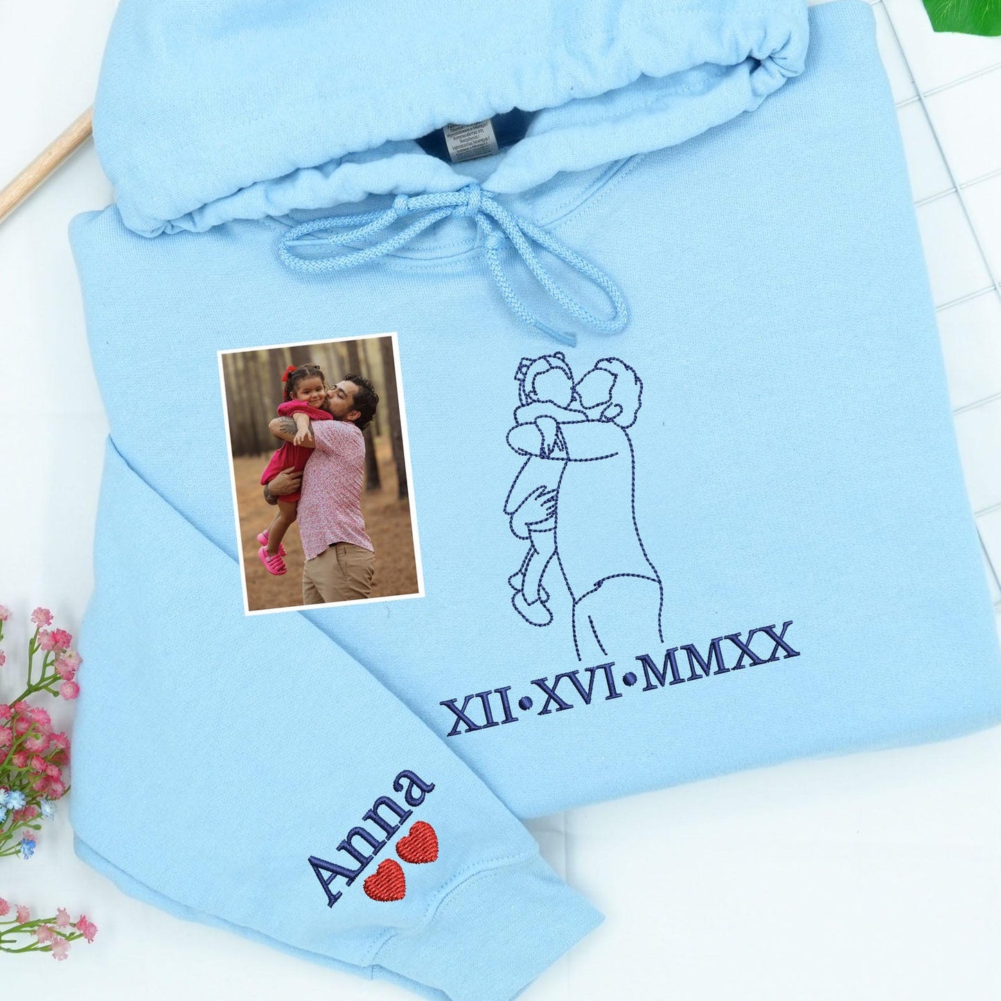 Geborduurde trui met vader-dochter omtrek | Gepersonaliseerde truien voor vaders | Gepersonaliseerde trui met vaderportret | Vaderdagcadeaus voor vaders