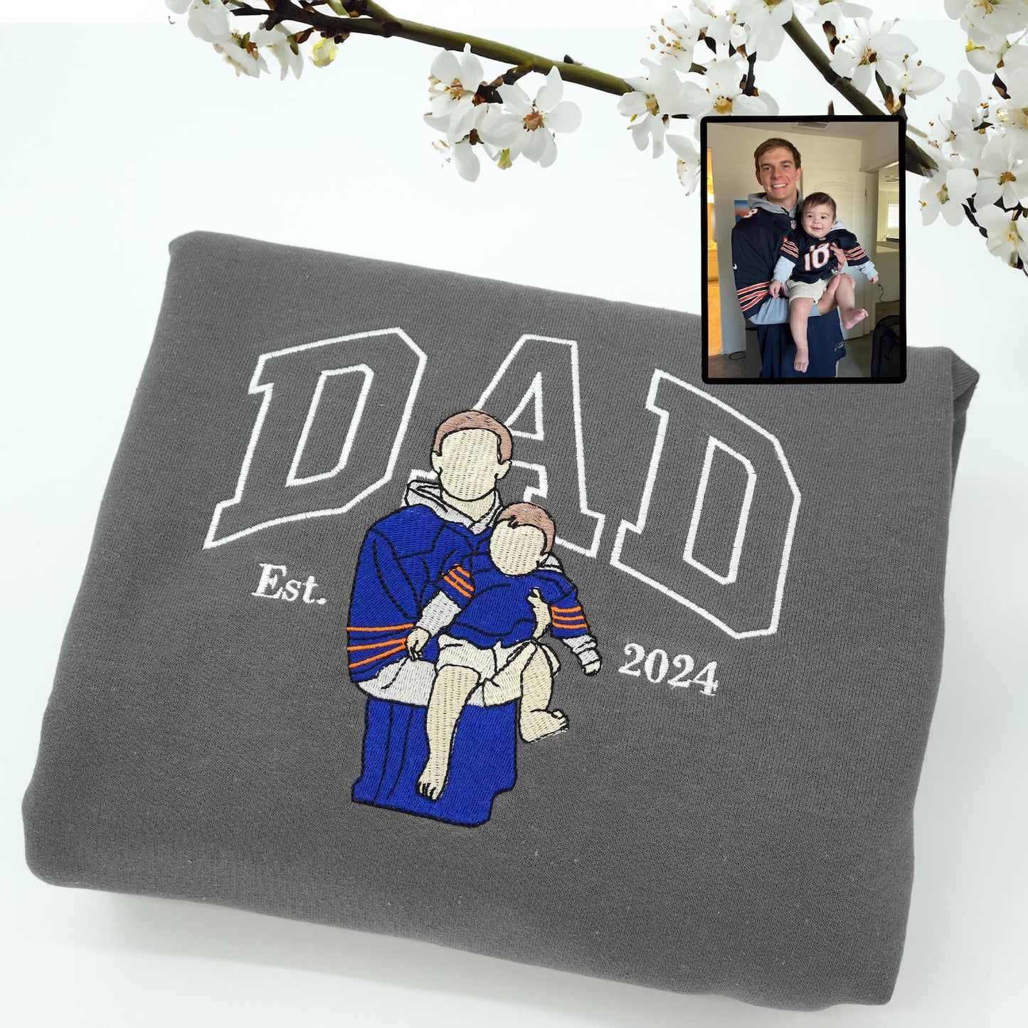 Gepersonaliseerde geborduurde vadersweater met foto | Vaderdag- of verjaardagscadeau voor vader | Gepersonaliseerde vader-zoon hoodie | Portret shirt