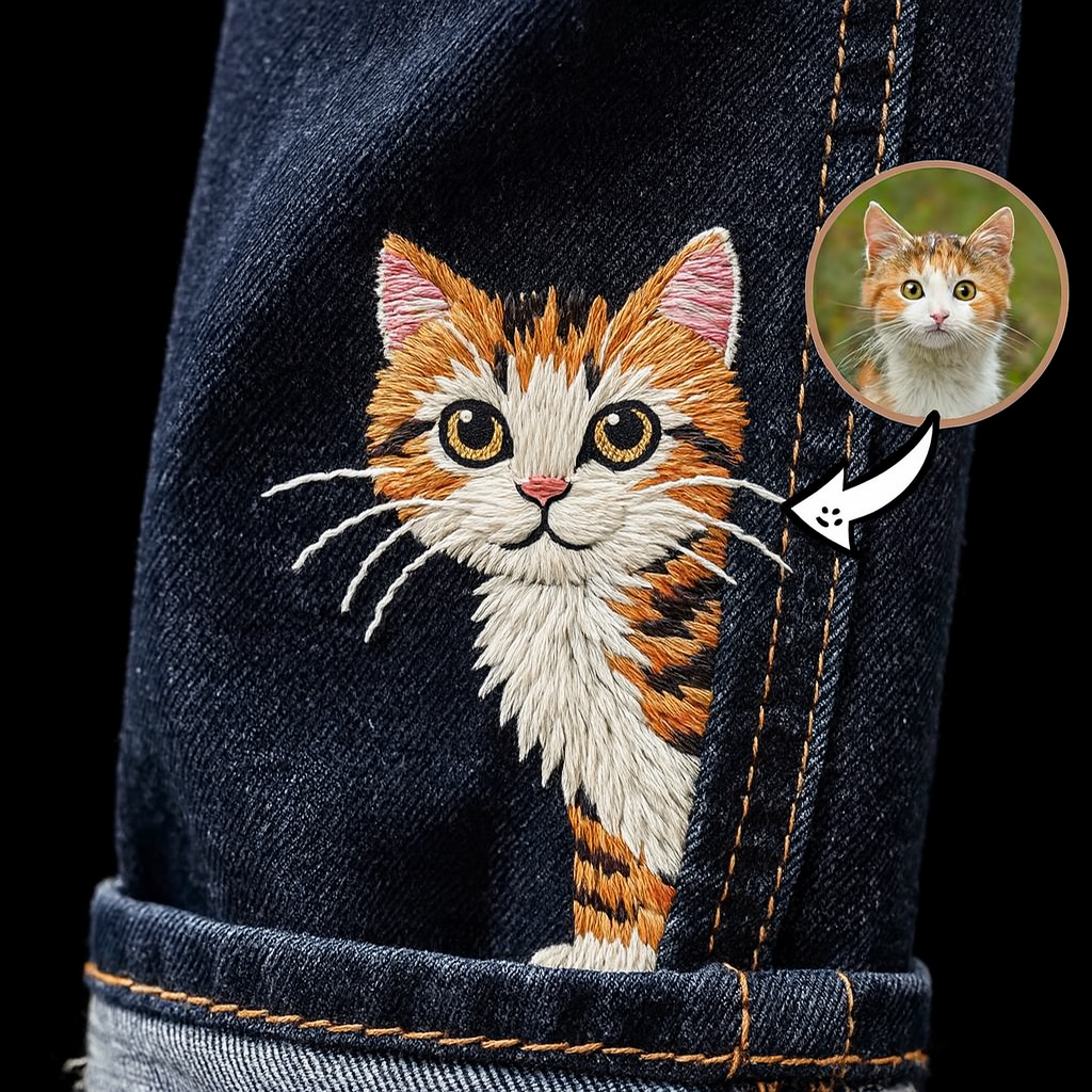 Op maat gemaakte geborduurde huisdierportretjeans - Gepersonaliseerd cadeau voor dierenliefhebbers - Hondenherdenking - Kattenherinnering - Van uw foto