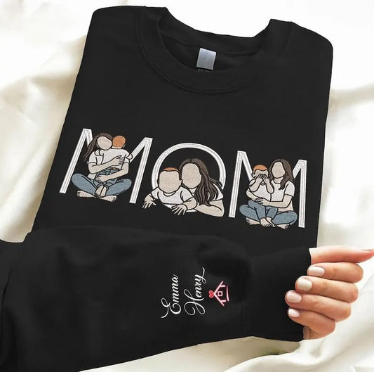 Familieportret capuchontrui met naam en spreuk gepersonaliseerde sweater voor familiefoto