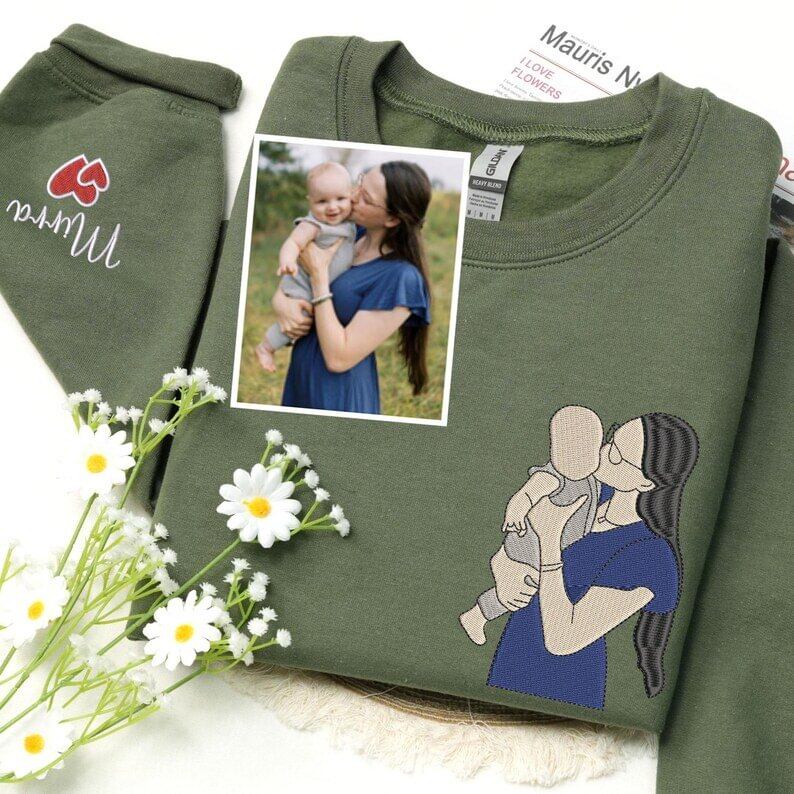 Geborduurd sweatshirt met gezichtsportret – Gepersonaliseerd cadeau voor ouders
