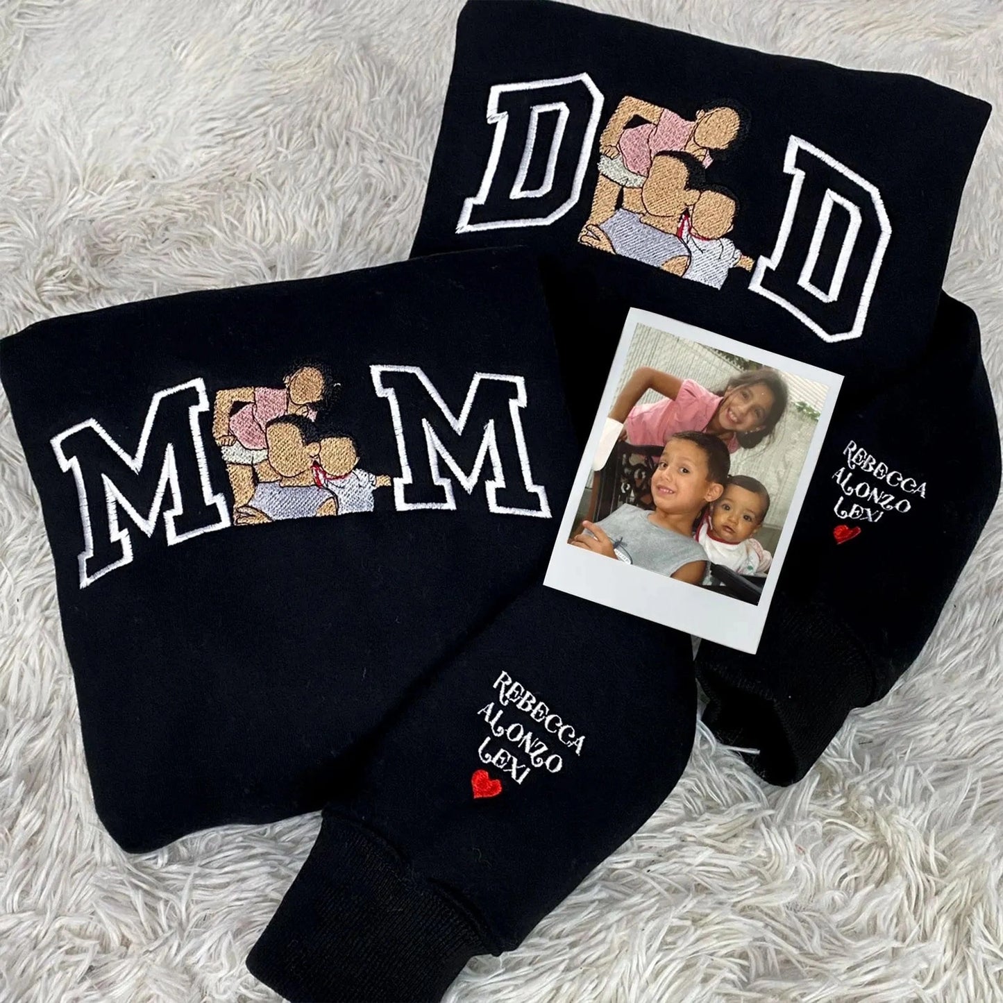 Geborduurd familieportret op hoodie, geborduurde trui voor Moederdag, truien met portretten van vader en moeder, cadeau voor vader en moeder