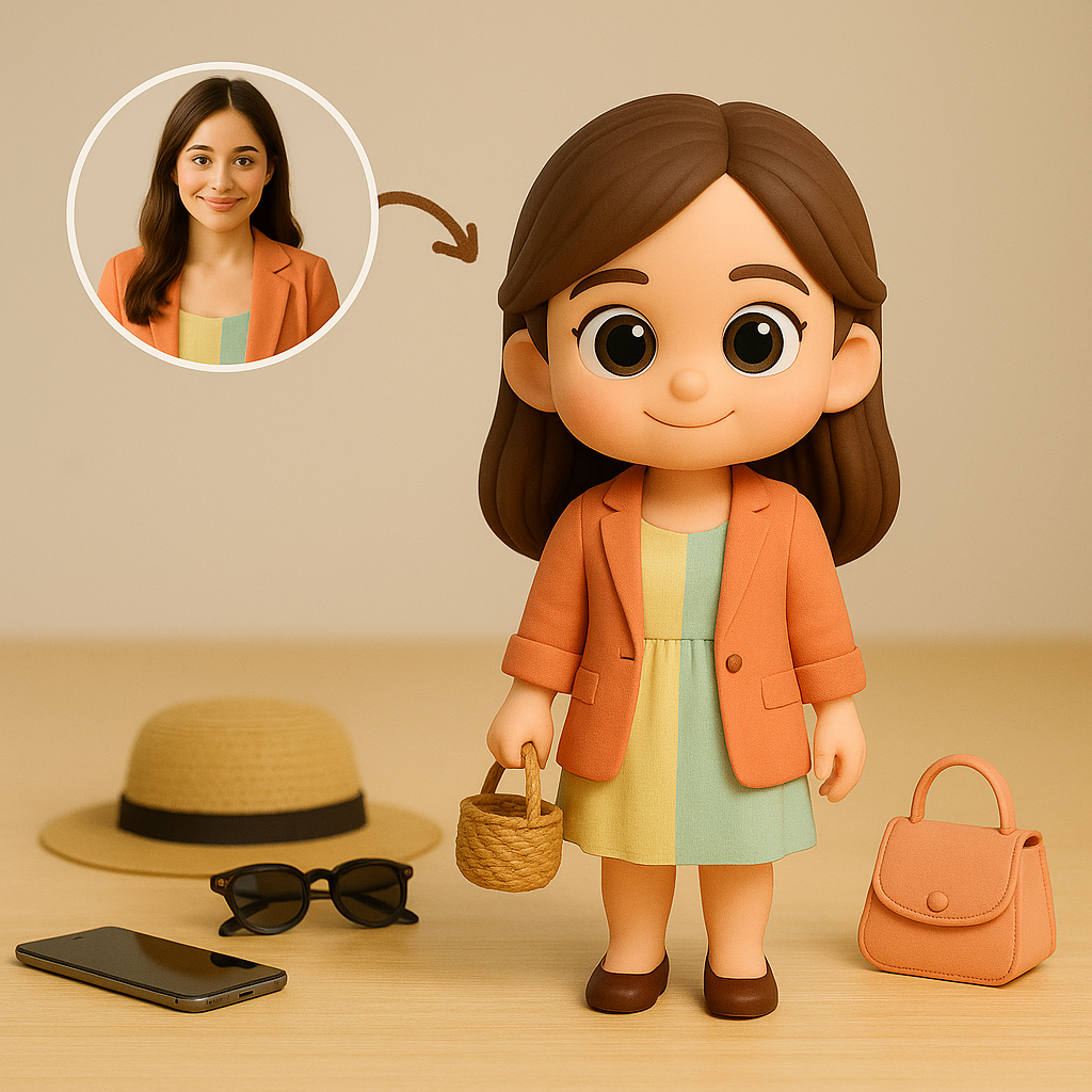 Gepersonaliseerde 3D-actiefiguur van foto, gepersonaliseerd modemeisjesbeeldje, stijlvol 3D-minifiguur cadeau