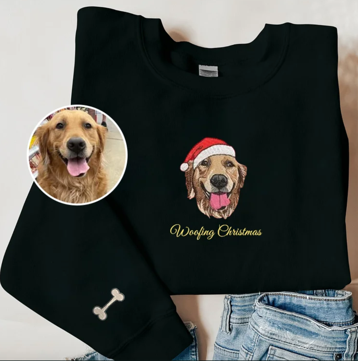 Op Maat Geborduurd Sweatshirt Met Huisdierportret En Naam, Kersttrui-Sweatshirt