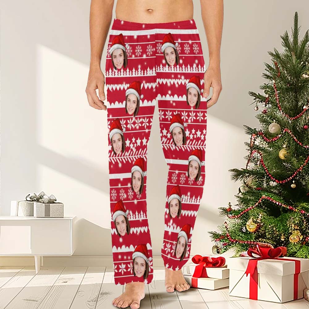 Aangepaste gezicht kerst rode hoed sneeuwvlok nachtkleding gepersonaliseerde vrouwen & mannen pyjama partij lange pyjamabroek