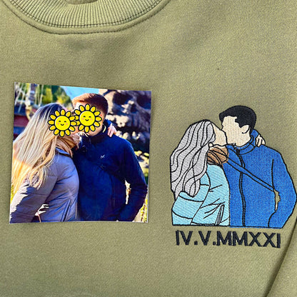 Op Maat Geborduurd Sweatshirt Voor Koppels, Gepersonaliseerd Portret Met Muziekspelerontwerp, Perfect Familiecadeau