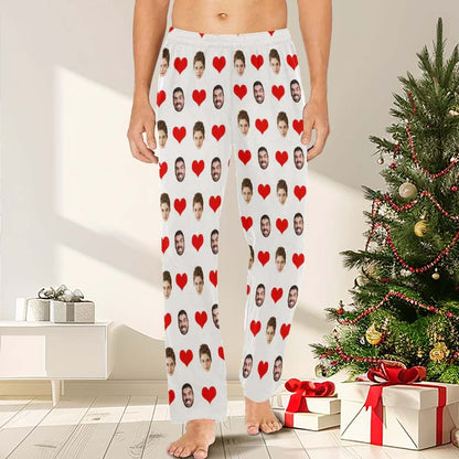 Lange pyjamabroek met aangepast gezicht en rood liefdeshart, gepersonaliseerde pyjamafeest-nachtkleding voor heren