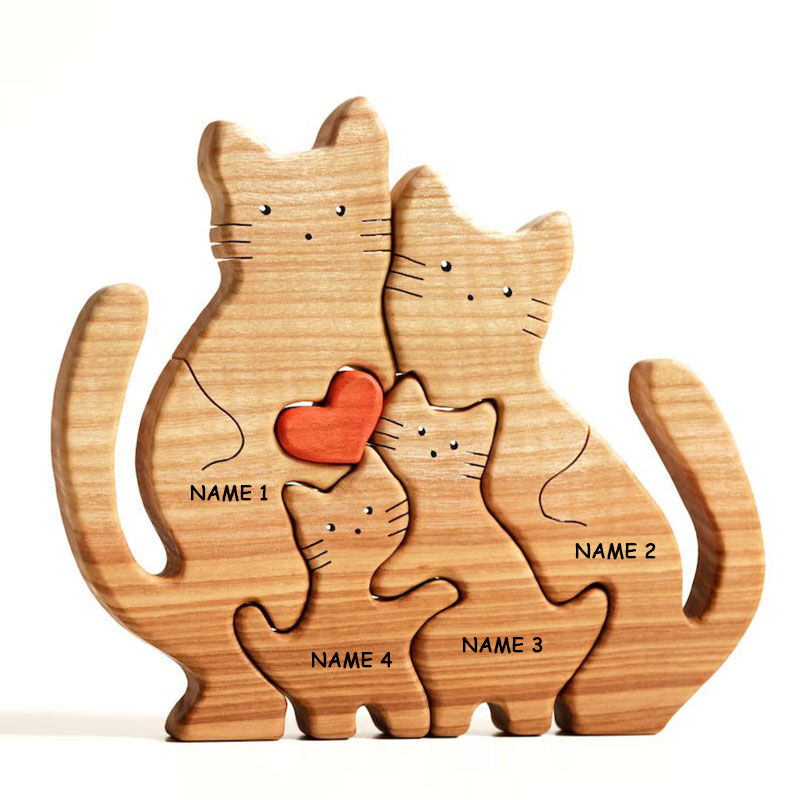 Gepersonaliseerde naam Warm Cat Family houten puzzel voor ouders