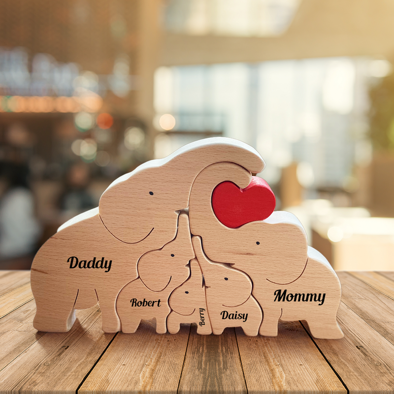 Gepersonaliseerde familie schattige olifant houten puzzel warm kerstcadeau voor familie