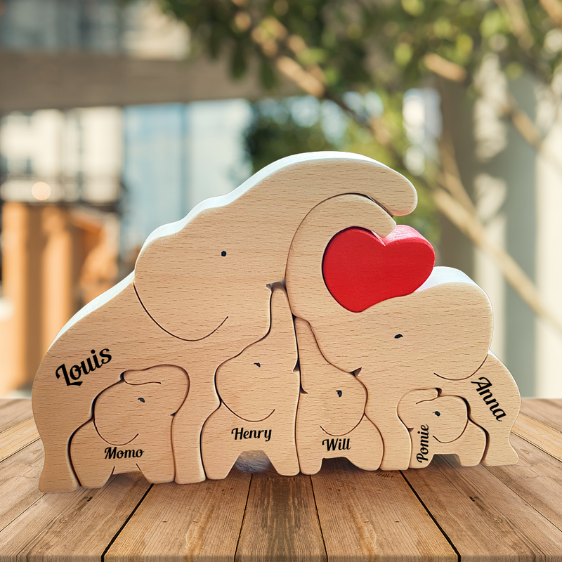 Gepersonaliseerde familie schattige olifant houten puzzel warm kerstcadeau voor familie