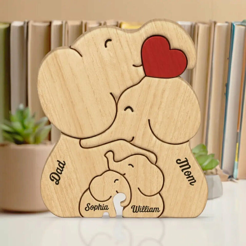 Gepersonaliseerde warme olifant familie houten puzzel cadeau voor Kerstmis