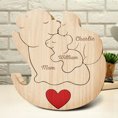 Gepersonaliseerde Bear Family houten puzzel met schommelstoel cadeau voor mama