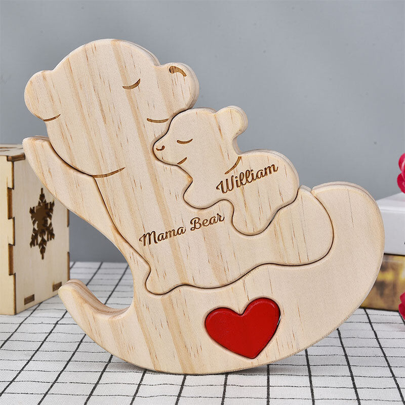 Gepersonaliseerde Bear Family houten puzzel met schommelstoel cadeau voor mama