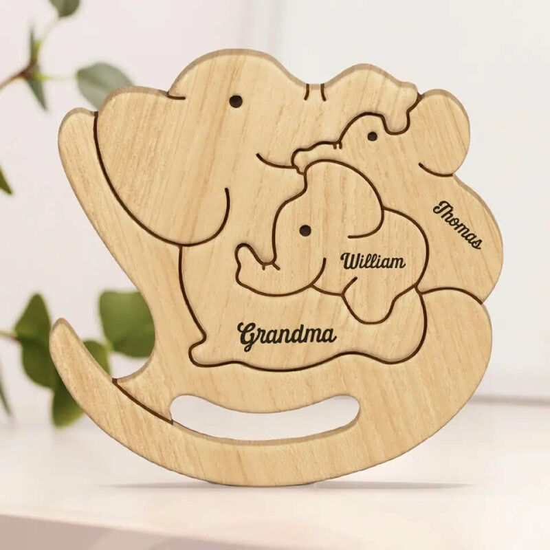 Gepersonaliseerde schattige olifant familie houten puzzel met schommelstoel cadeau voor mama