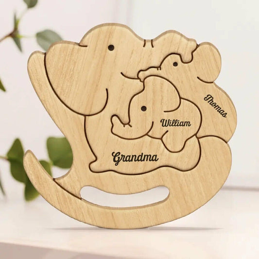 Gepersonaliseerde schattige olifant familie houten puzzel met schommelstoel cadeau voor mama