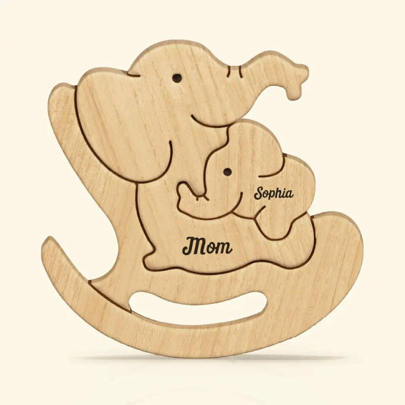 Gepersonaliseerde schattige olifant familie houten puzzel met schommelstoel cadeau voor mama