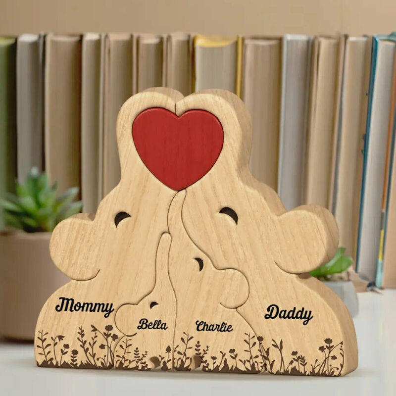 Gepersonaliseerde olifantenfamilie houten puzzel met bloemmotief cadeau voor papa