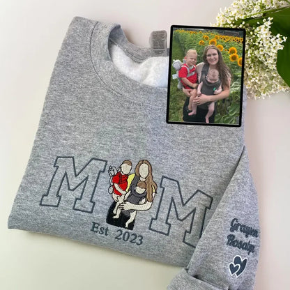 Aangepaste Mama Sweatshirt, Foto Hoodie, Geborduurd Mama En Kinderportret, Varsity Shirt, Gepersonaliseerd Borduurshirt Voor Mama