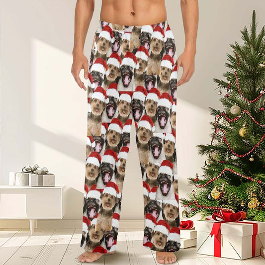 Pyjamabroek - Custom Face Pet Christmas Red Hat Comfortabele nachtkleding Lange pyjamabroek voor heren Dames