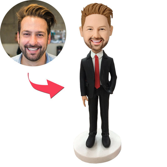 Zaakvoerder met rode stropdas, gepersonaliseerd bobblehead-cadeau voor de baas