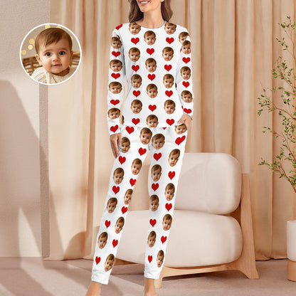 BEKIJK VOLGENDE Zoom Aangepaste babygezichtpyjama Love Heart Nachtkleding Gepersonaliseerde damespyjamaset met ronde hals en lange mouwen