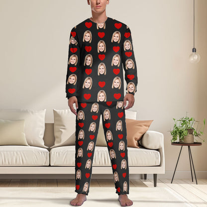 Aangepaste gezicht liefde hart vriendin witte heren pyjama gepersonaliseerde grappige lange mouw nachtkleding voor hem